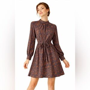 Allegra K Floral Flare Tie Waist Knee Length Long Sleeve A-Line Dress Size M